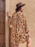 Plus Size Printed V-Neck Balloon Sleeve Mini Dress - Trendsi - Flyclothing LLC