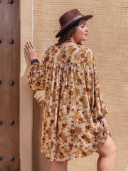 Plus Size Printed V-Neck Balloon Sleeve Mini Dress - Trendsi