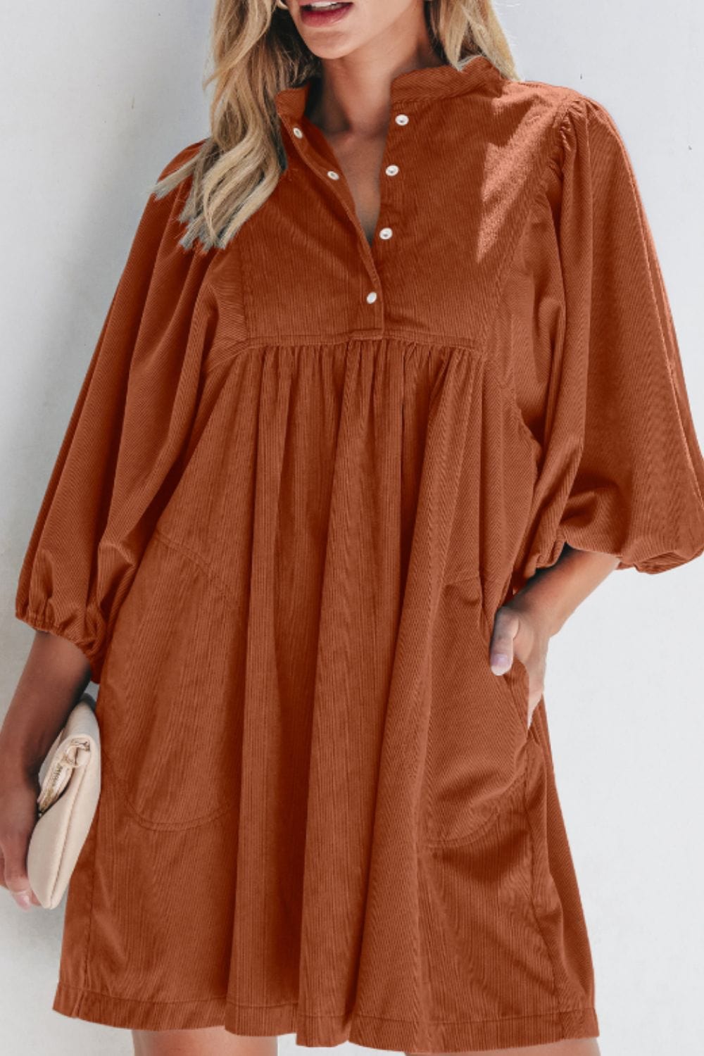 Corduroy Quarter Snap Three-Quarter Sleeve Dress - Trendsi