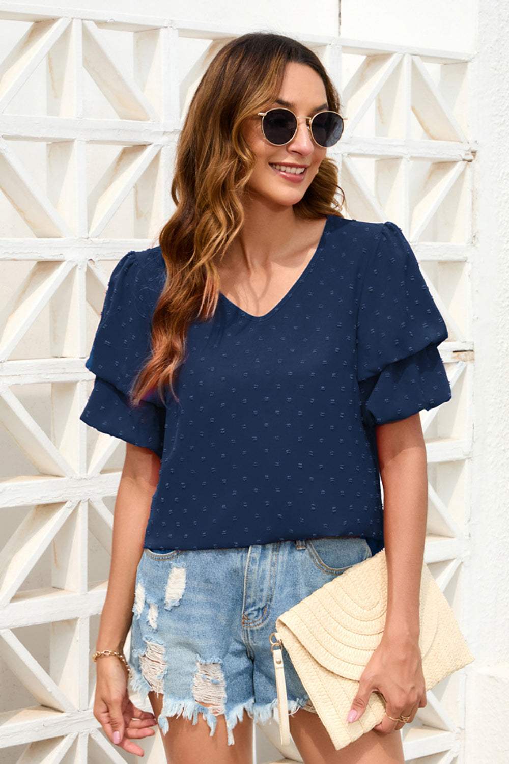 Swiss Dot V-Neck Short Sleeve Blouse - Trendsi - Flyclothing LLC