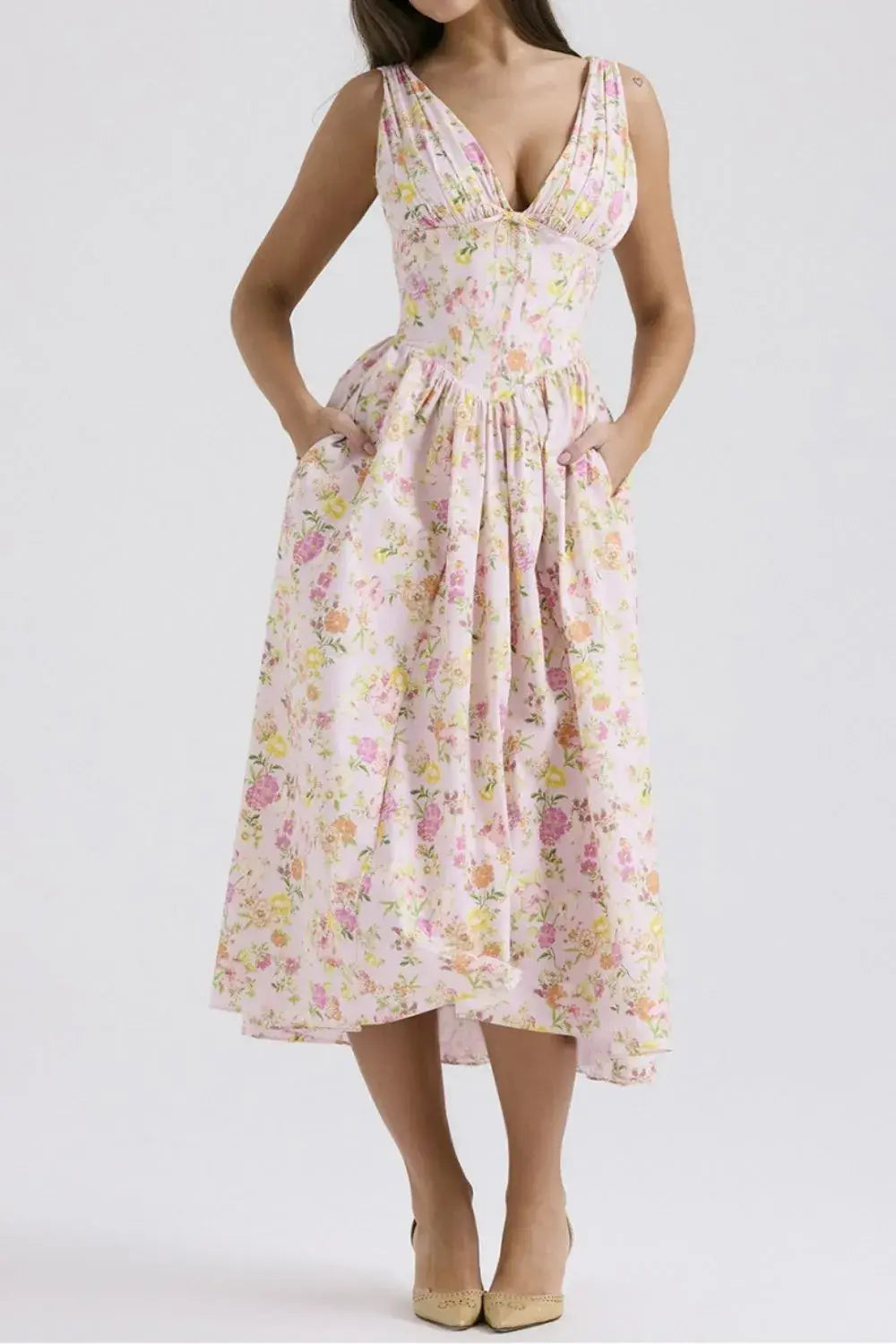 Floral V-Neck Sleeveless Midi Dress with Pockets - Trendsi - Flyclothing LLC