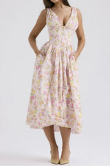 Floral V-Neck Sleeveless Midi Dress with Pockets - Trendsi - Flyclothing LLC