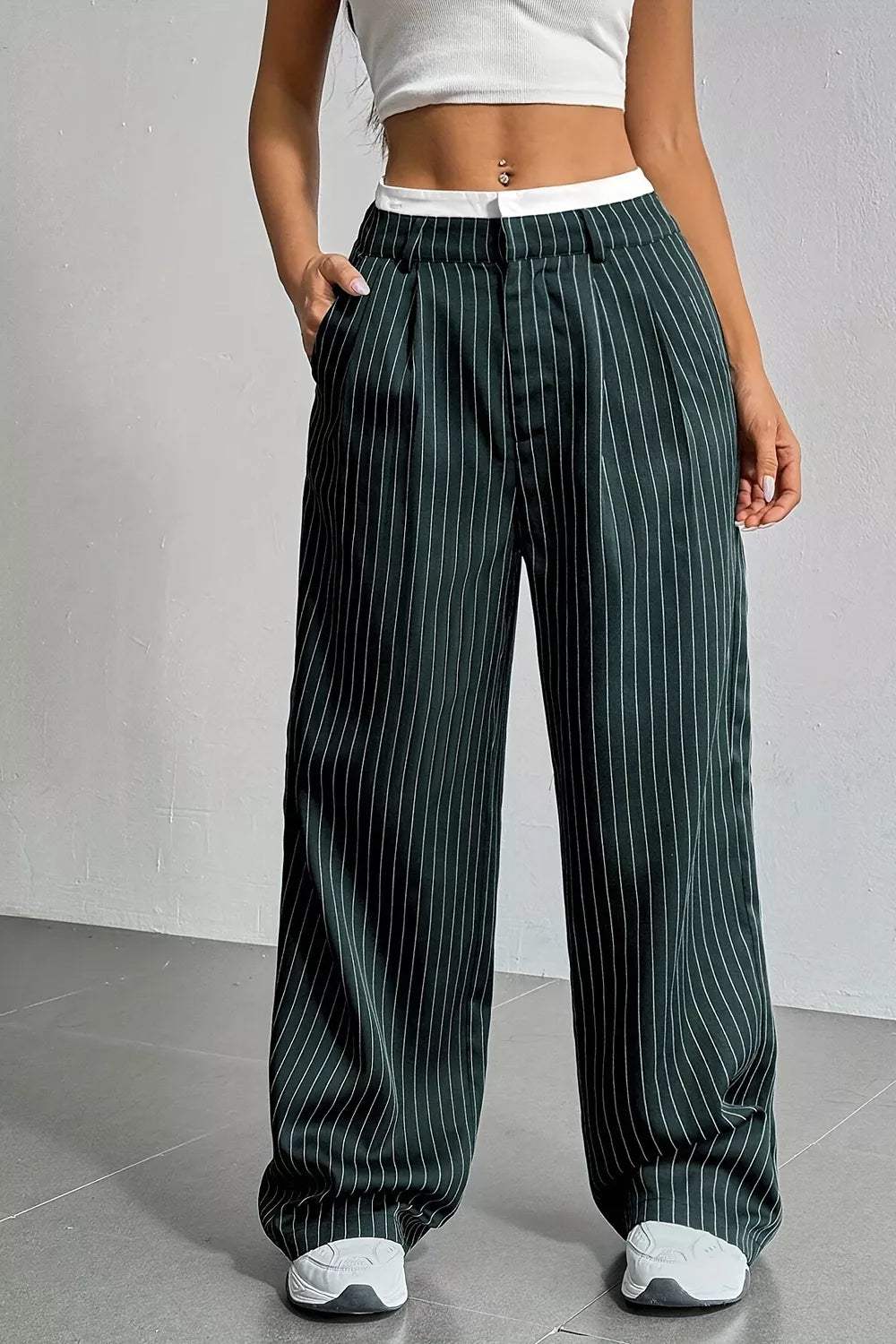 High-Waisted Pinstripe Wide-Leg Pants - Trendsi - Flyclothing LLC