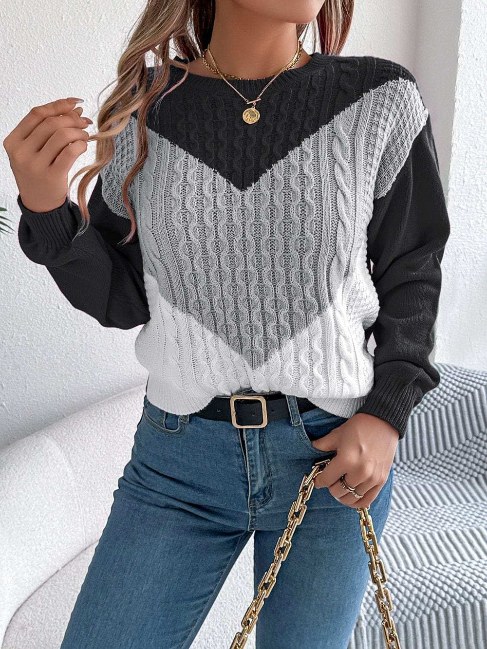 Contrast Round Neck Long Sleeve Sweater - Trendsi - Flyclothing LLC