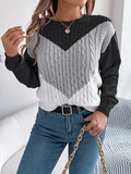 Contrast Round Neck Long Sleeve Sweater - Trendsi
