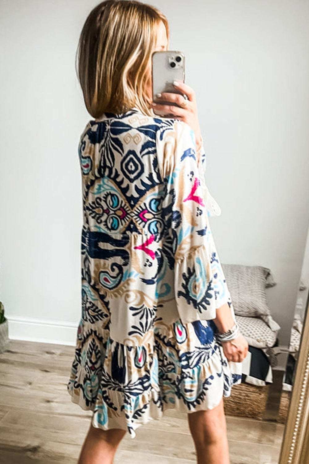 Printed Notched Three-Quarter Sleeve Mini Dress - Trendsi - Flyclothing LLC