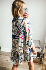 Printed Notched Three-Quarter Sleeve Mini Dress - Trendsi - Flyclothing LLC