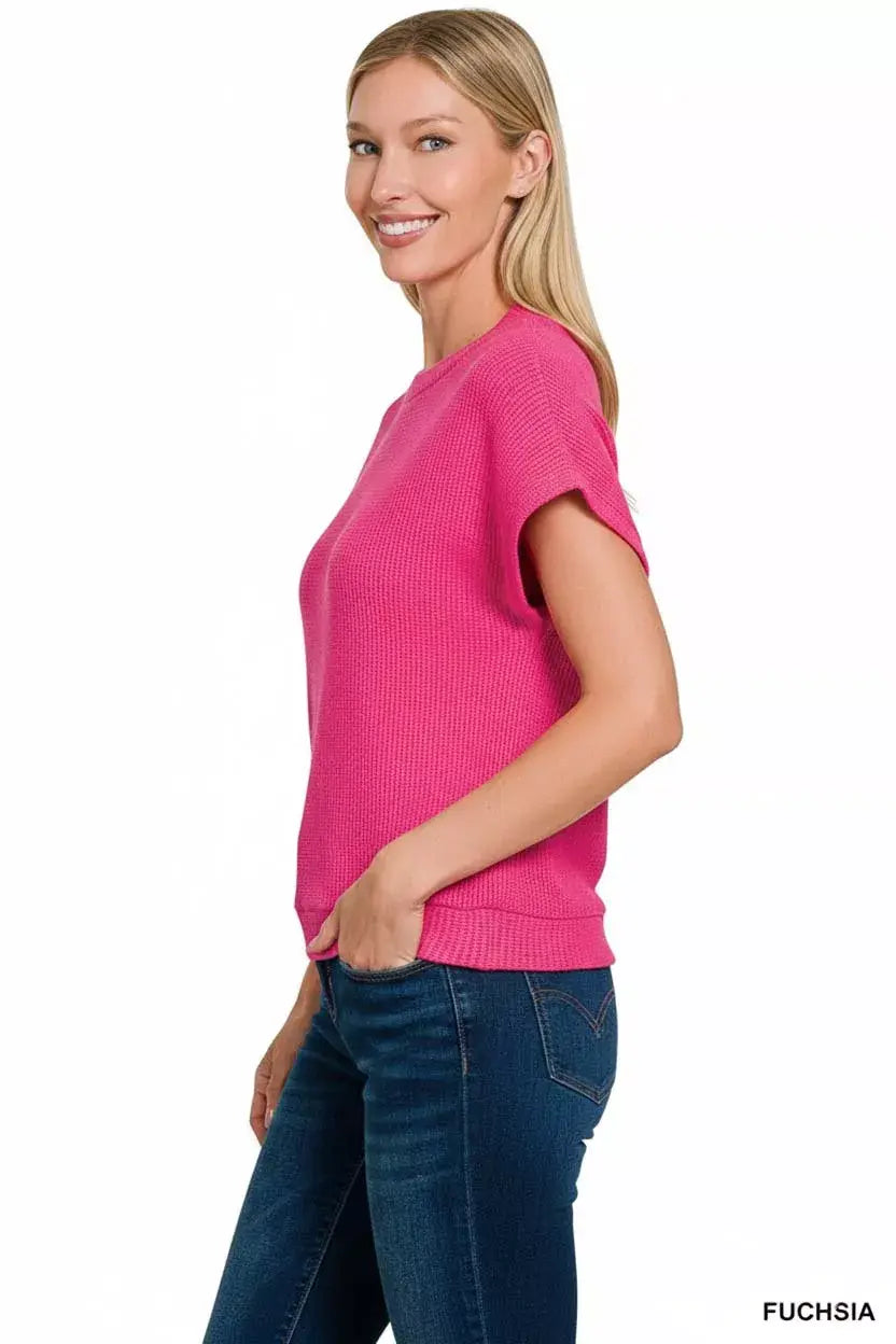 Zenana Round Neck Banded Botton Short Sleeve Sweater - Trendsi - Flyclothing LLC