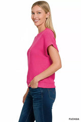 Zenana Round Neck Banded Botton Short Sleeve Sweater - Trendsi - Flyclothing LLC