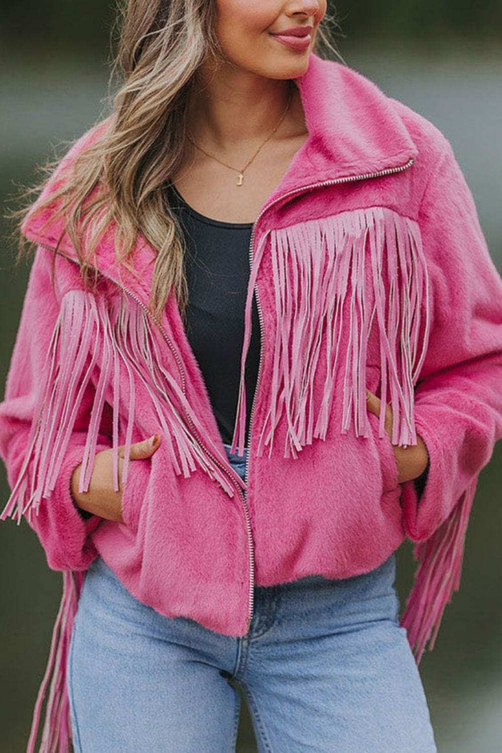 Fringed Zip Up Fleece Jacket - Trendsi - Flyclothing LLC
