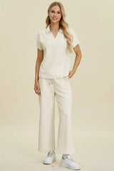Double Take Full Size Collared Neck Short Sleeve Top and Pants Set - Trendsi - Flyclothing LLC