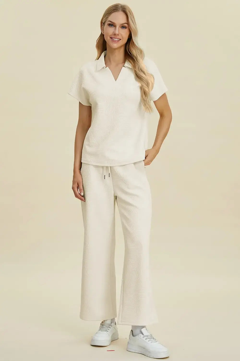 Double Take Full Size Collared Neck Short Sleeve Top and Pants Set - Trendsi - Flyclothing LLC