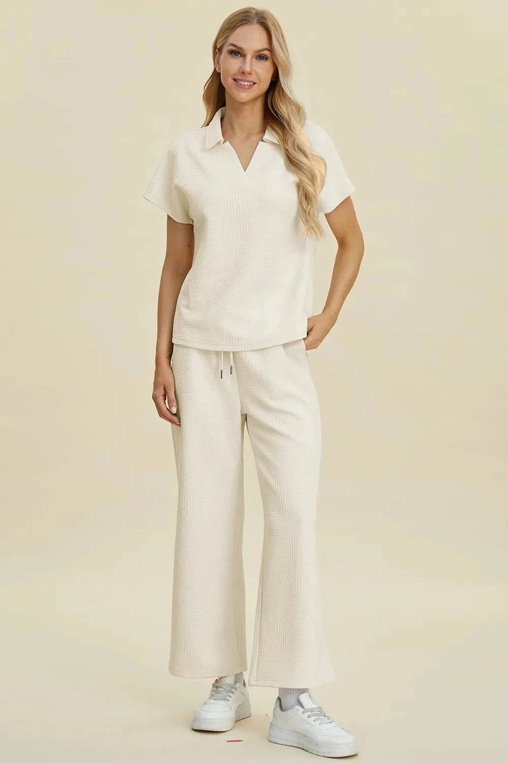 Double Take Full Size Collared Neck Short Sleeve Top and Pants Set - Trendsi
