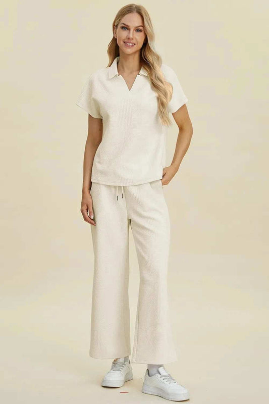 Double Take Full Size Collared Neck Short Sleeve Top and Pants Set - Trendsi - Flyclothing LLC