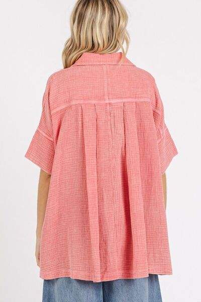 Mittoshop Mineral Wash Gauze Oversized Short Sleeve Shirt - Trendsi - Flyclothing LLC