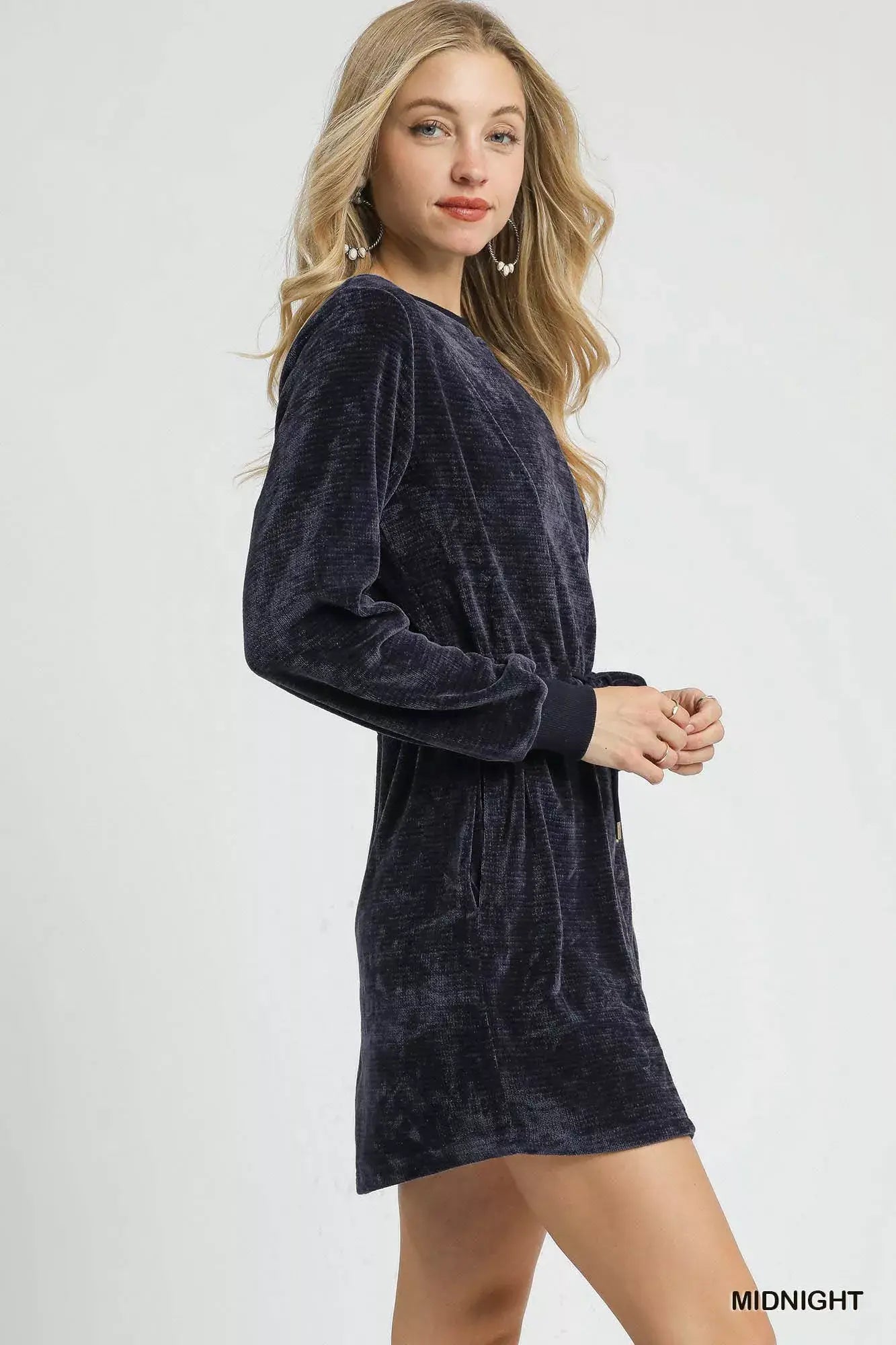 Umgee Velour Drawstring Mini Dress with Long Sleeves - Trendsi - Flyclothing LLC