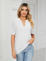 Florira Eyelet Notched Short Sleeve T-Shirt - Trendsi - Flyclothing LLC