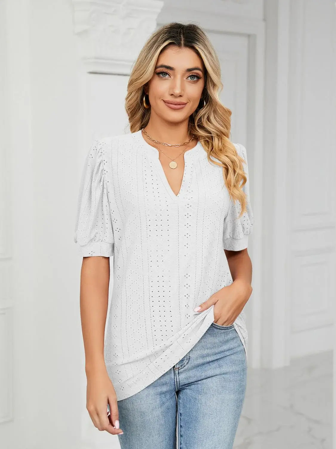 Florira Eyelet Notched Short Sleeve T-Shirt - Trendsi - Flyclothing LLC