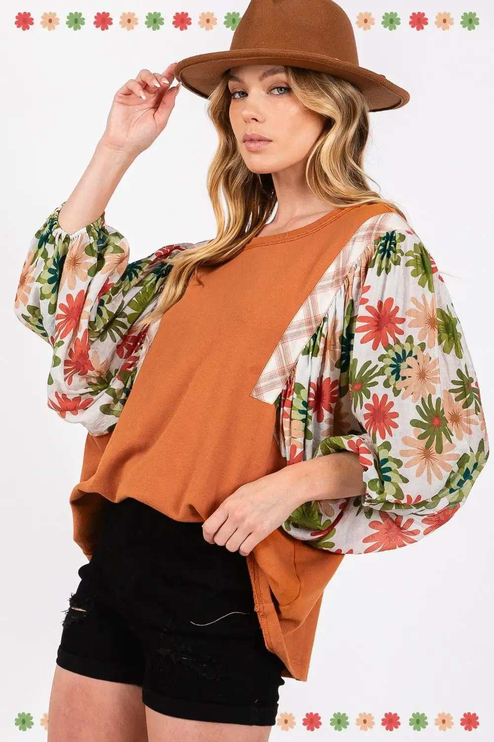 SAGE + FIG Full Size Printed Balloon Sleeve Contrast Top - Trendsi - Flyclothing LLC