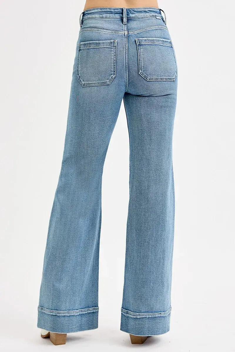 RISEN Full Size High Rise Wide Flare Patch Pocket Jeans Plus Size - Trendsi - Flyclothing LLC