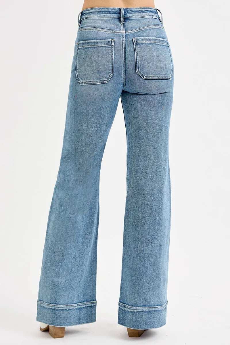 RISEN Full Size High Rise Wide Flare Patch Pocket Jeans Plus Size - Trendsi - Flyclothing LLC
