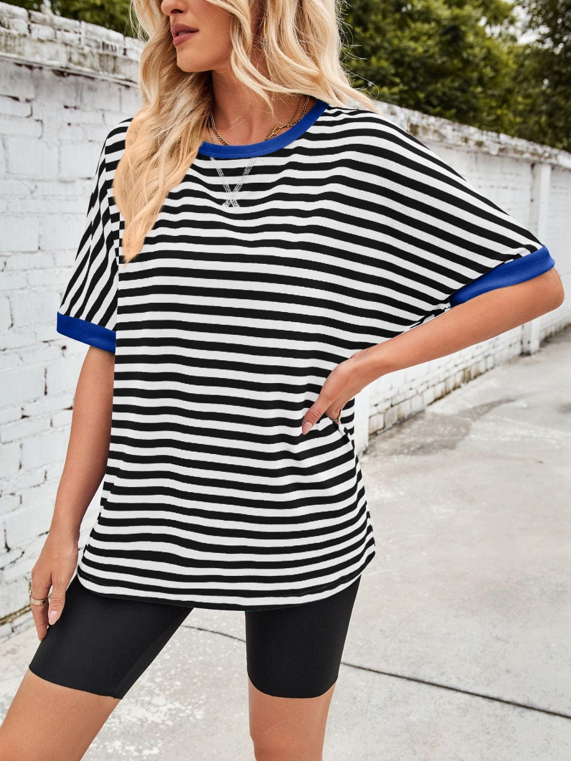 Lovelet Striped Round Neck Half Sleeve T-Shirt - Trendsi