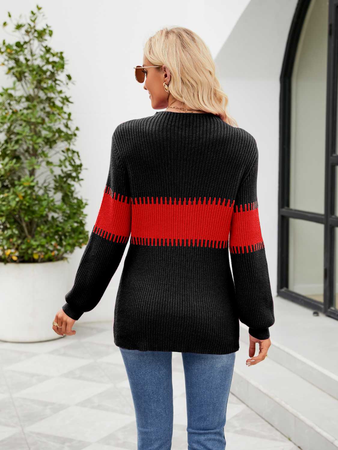 Contrast Round Neck Sweater - Trendsi - Flyclothing LLC