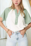 Color Block Raglan Short Sleeve Half Buttons High Low T Shirt - Trendsi - Flyclothing LLC