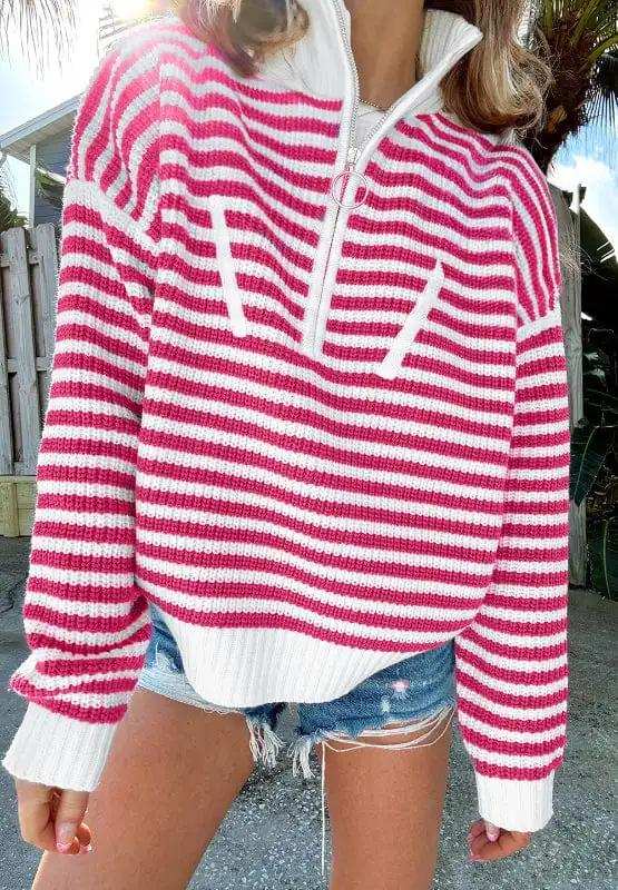 Striped Half Zip Mock Neck Long Sleeve Sweater - Trendsi - Flyclothing LLC