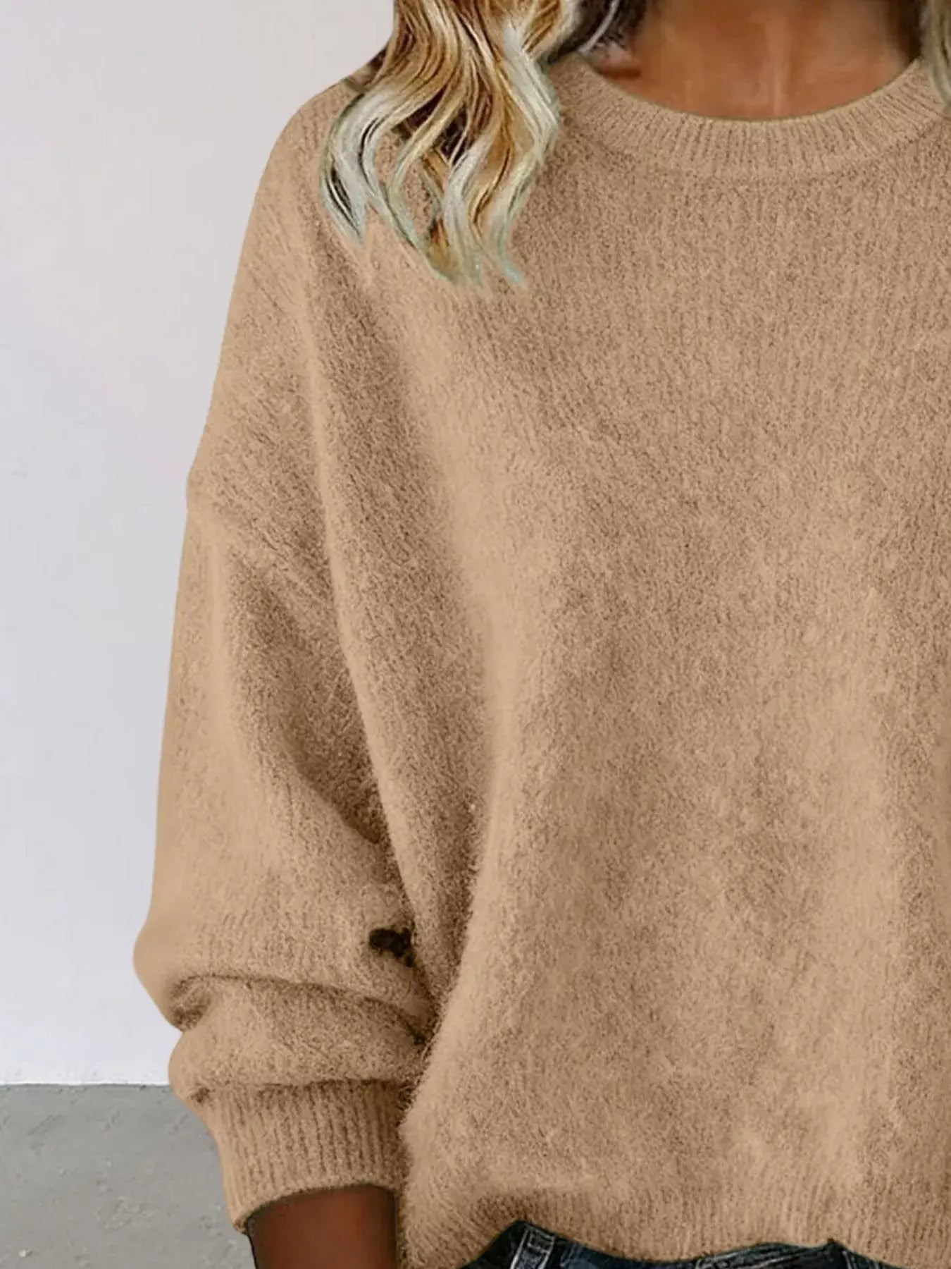 Full Size Round Neck Dropped Shoulder Sweater Plus Size - Trendsi - Flyclothing LLC