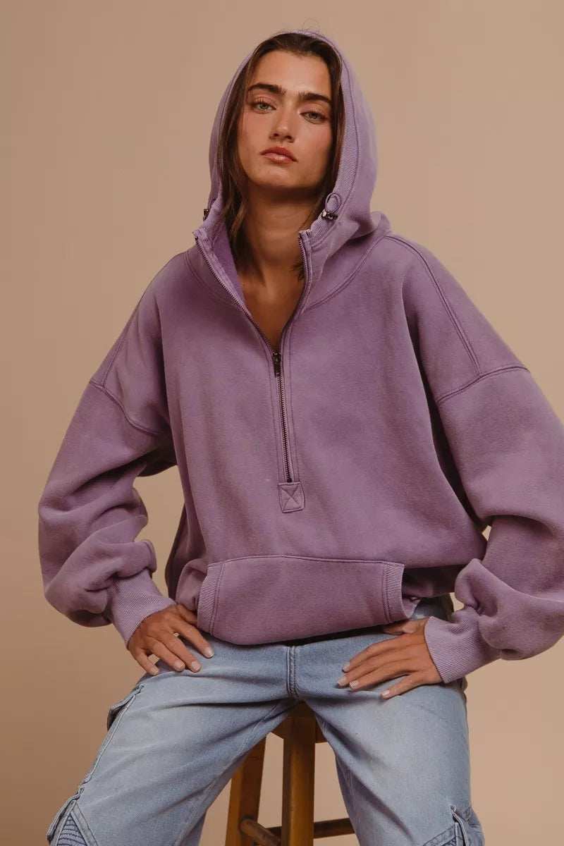 BiBi Stitch Detailed Elastic Hem Half Zip Fleece Hoodie - Trendsi - Flyclothing LLC