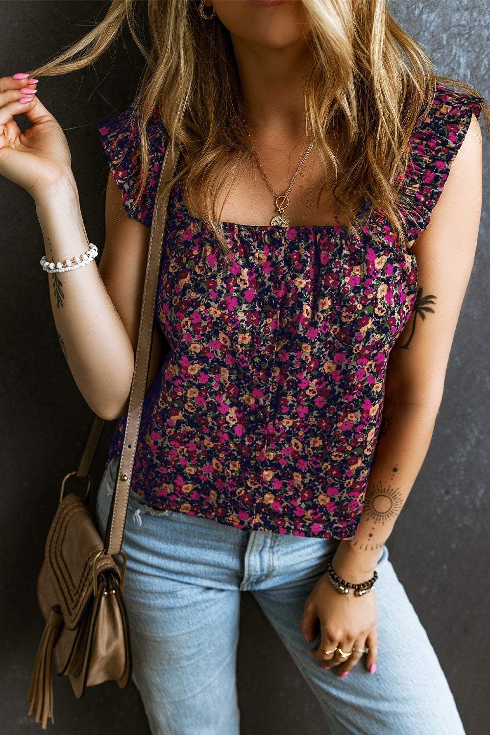 Printed Square Neck Tank - Trendsi - Flyclothing LLC