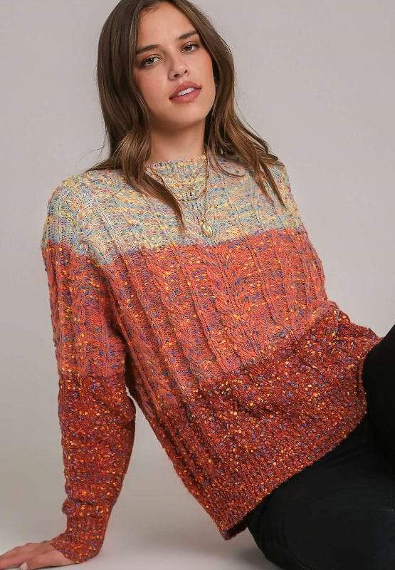 Cable-Knit Color Block Round Neck Long Sleeve Sweater - Trendsi - Flyclothing LLC