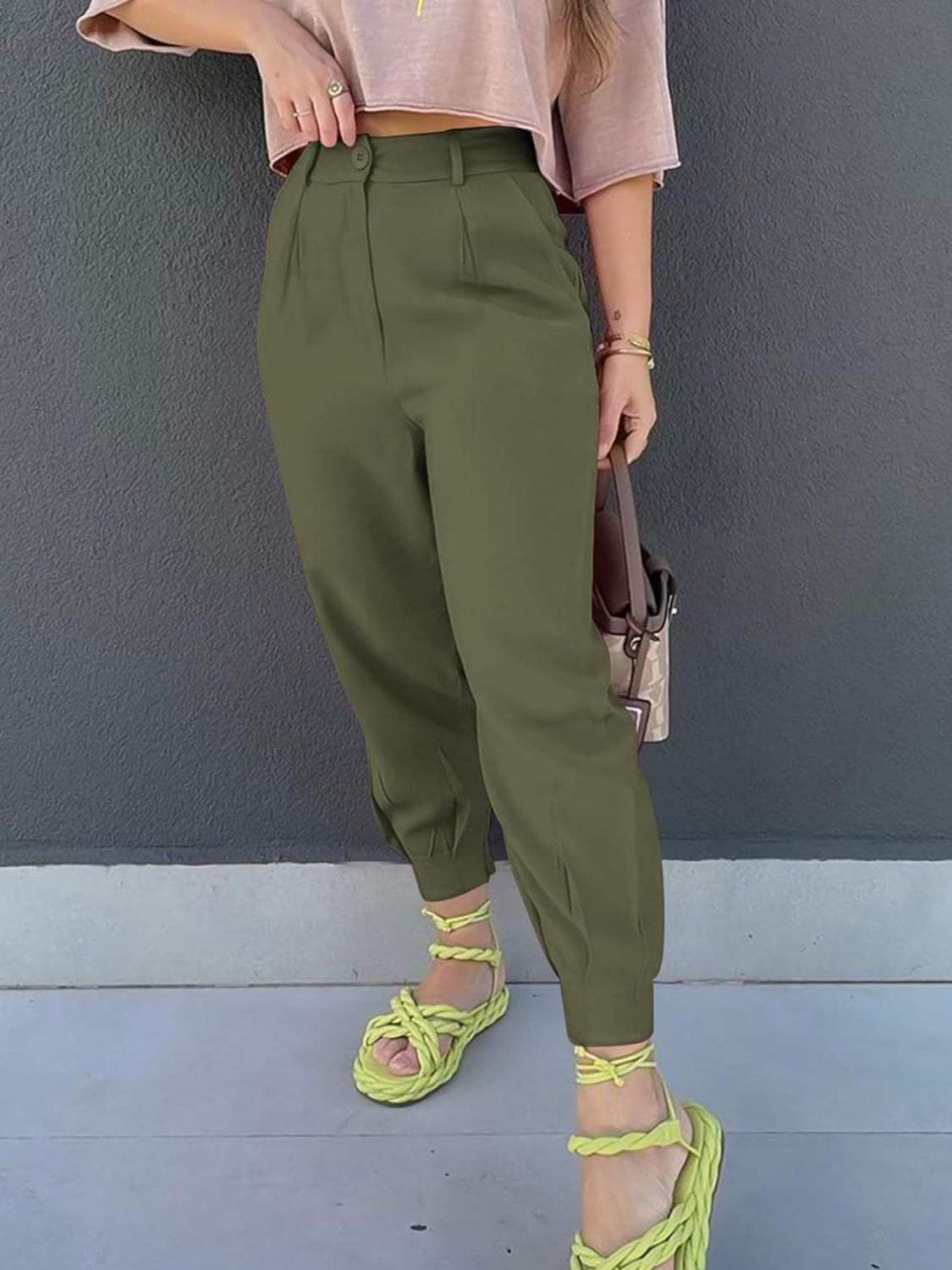 High Waist Cropped Pants - Trendsi - Flyclothing LLC