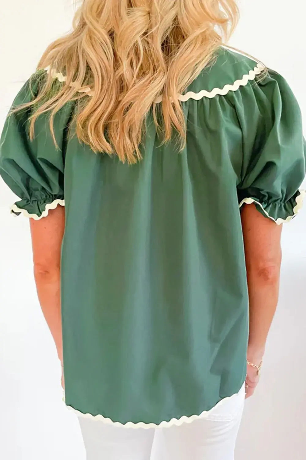 Ric Rac Trim Tie Neck Short Sleeve Blouse - Trendsi - Flyclothing LLC