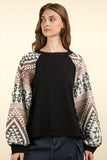 VERY J Printed Long Sleeve Round Neck Knit Top - Trendsi