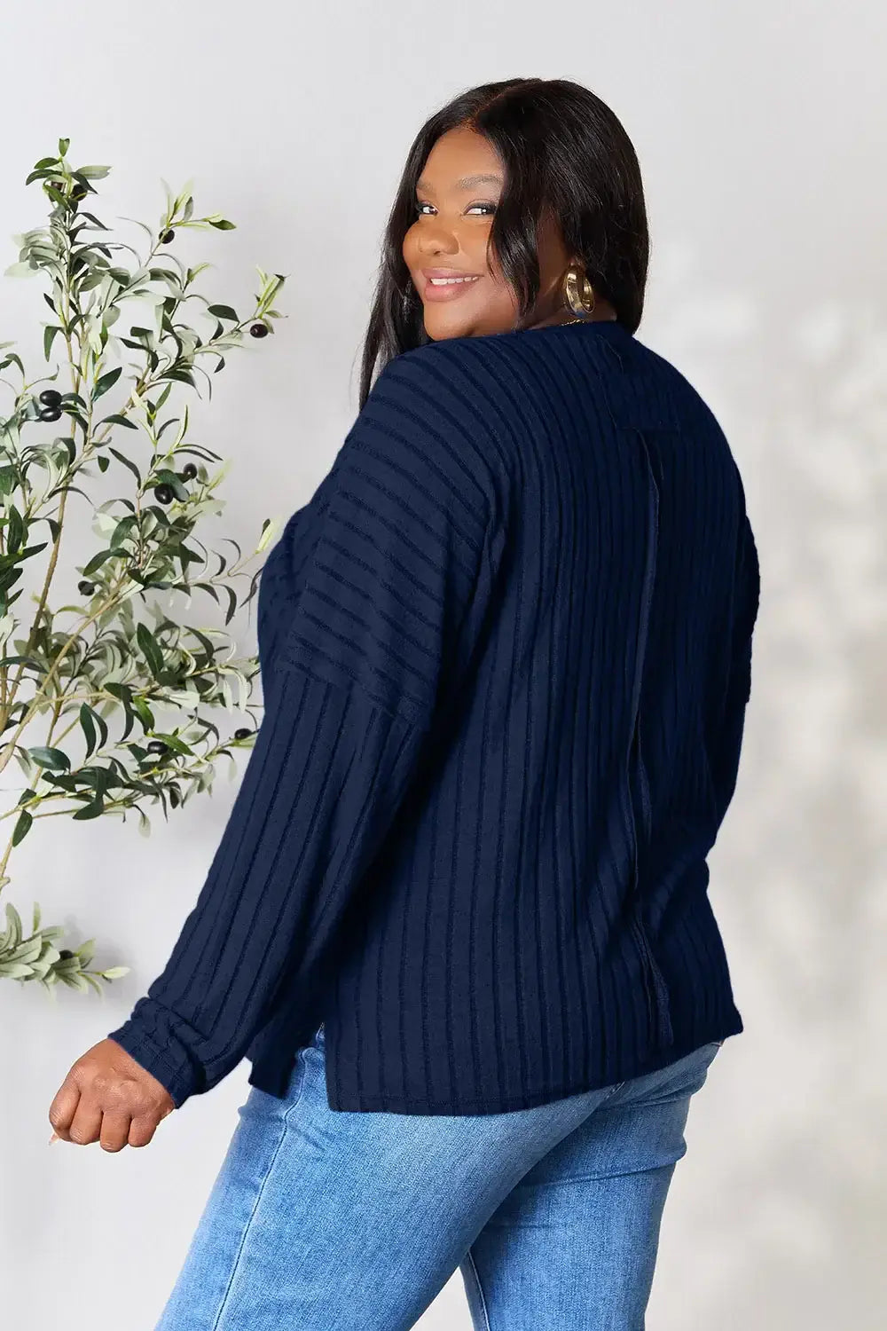 Basic Bae Full Size Ribbed Round Neck Slit Knit Top - ShopBasicbae - Flyclothing LLC