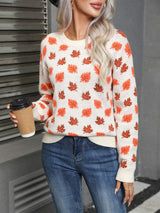 Angel Wings Maple Leaf Round Neck Long Sleeve Sweater - Trendsi - Flyclothing LLC