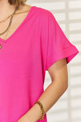 Zenana V-Neck Rolled Short Sleeve T-Shirt - Trendsi - Flyclothing LLC