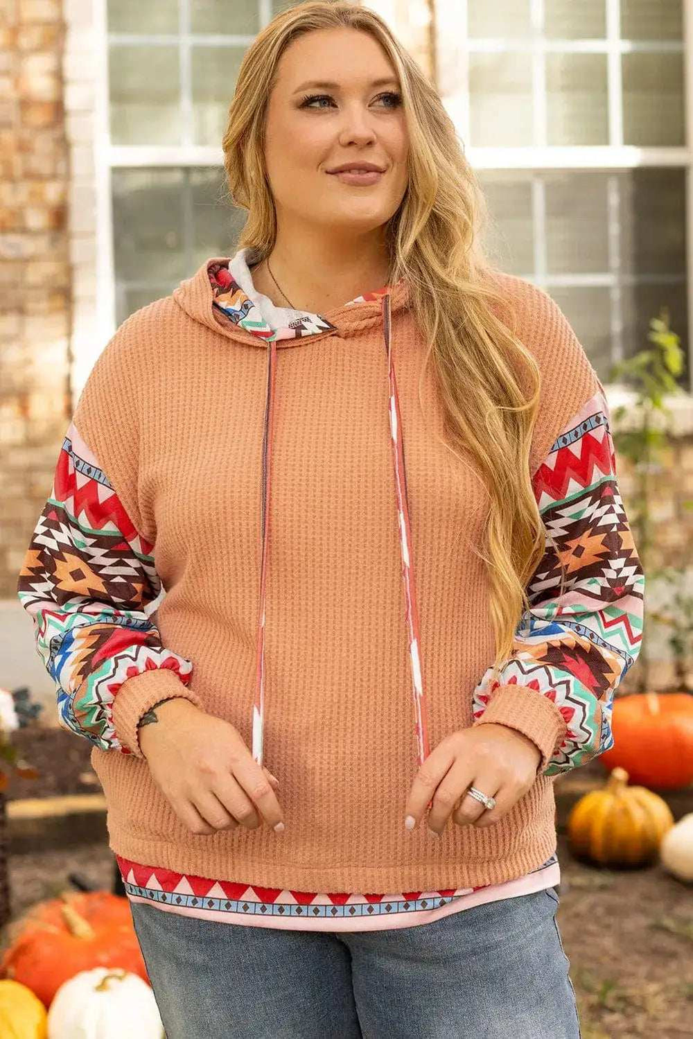 Plus Size Drawstring Geometric Long Sleeve Hoodie - Trendsi - Flyclothing LLC