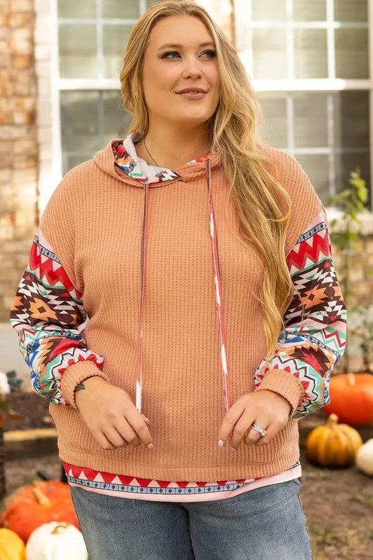 Plus Size Drawstring Geometric Long Sleeve Hoodie - Trendsi - Flyclothing LLC