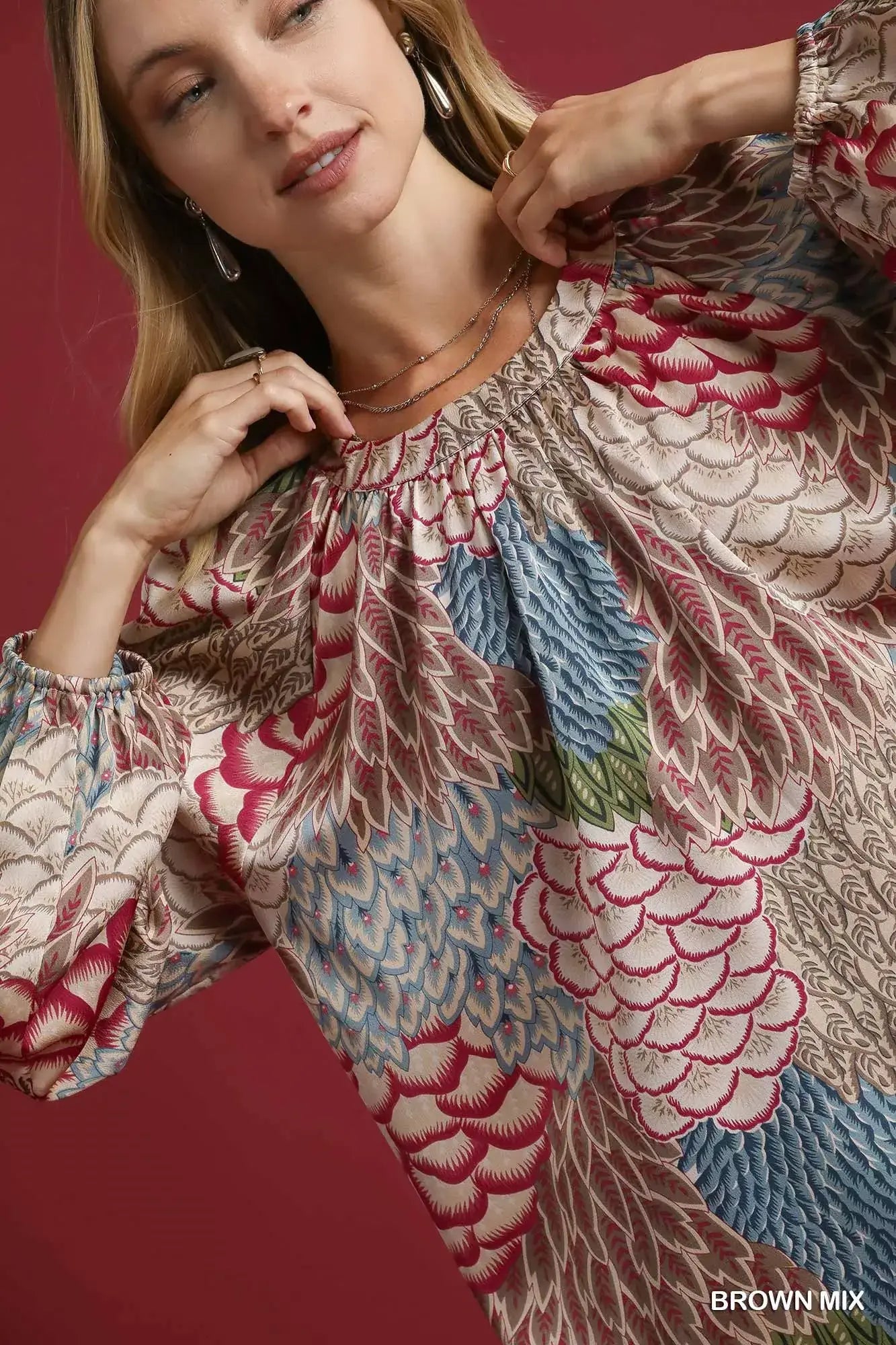 Umgee Boho Feather Print Peasant Blouse - Trendsi - Flyclothing LLC