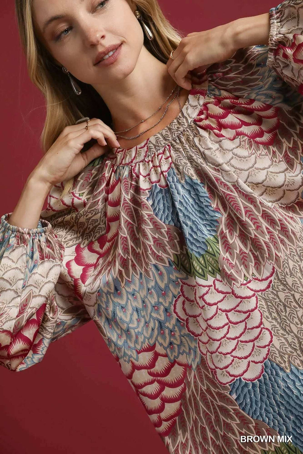 Umgee Boho Feather Print Peasant Blouse - Trendsi - Flyclothing LLC