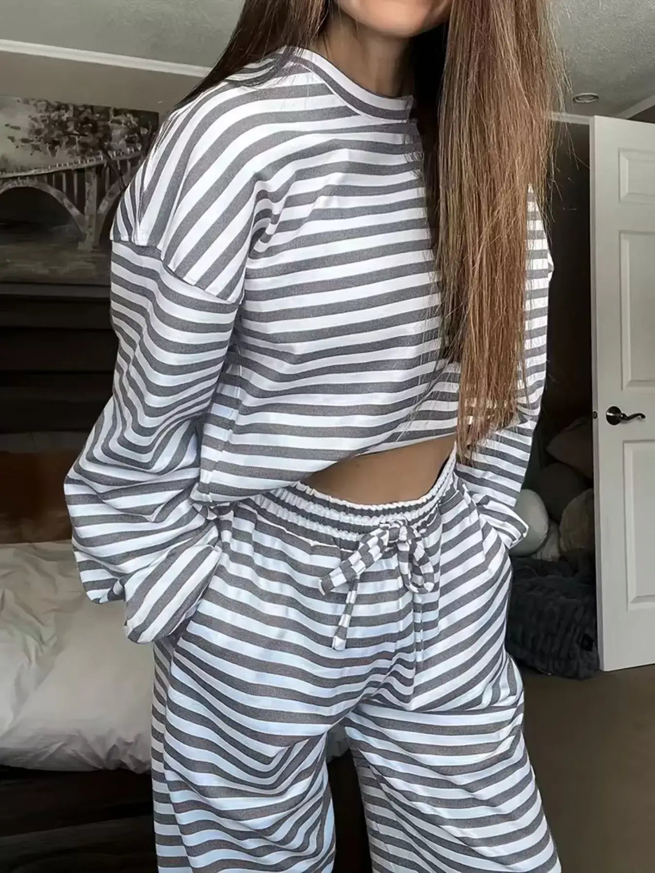 Striped Round Neck Top and Pants Set - Trendsi - Flyclothing LLC