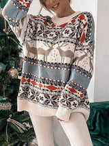 Geometric Round Neck Dropped Shoulder Sweater - Trendsi - Flyclothing LLC