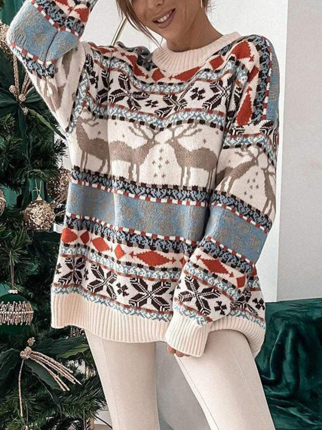 Geometric Round Neck Dropped Shoulder Sweater - Trendsi - Flyclothing LLC