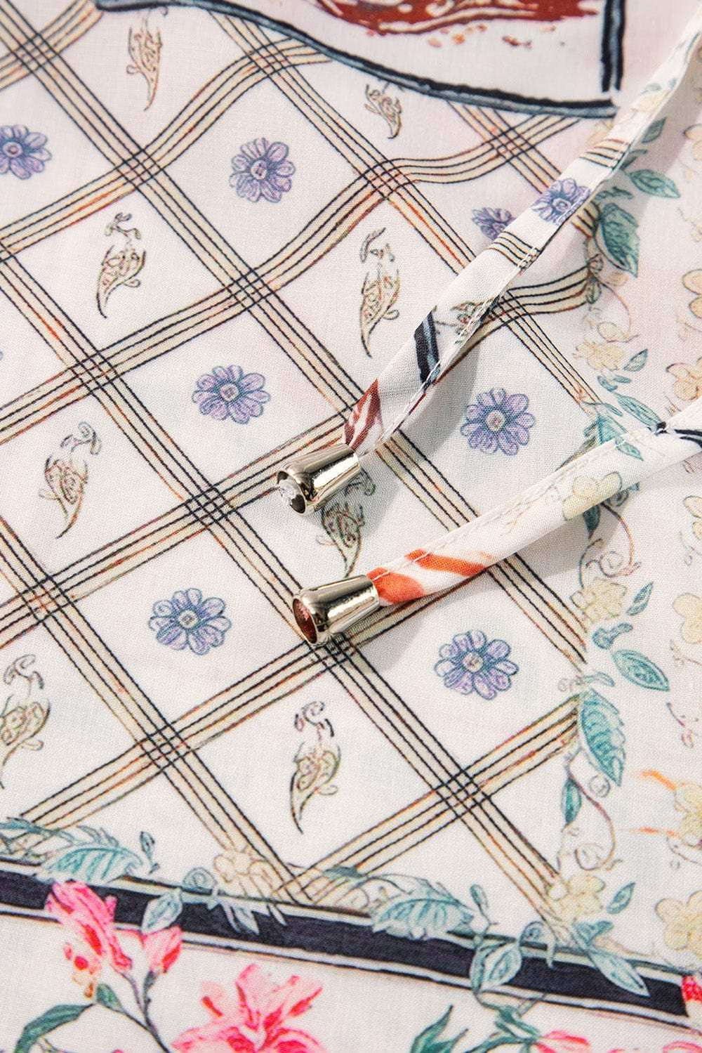 Ruffled Printed Tie Neck Three-Quarter Sleeve Blouse - Trendsi - Flyclothing LLC