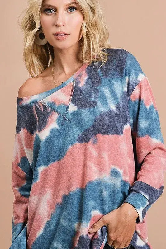 BiBi Tie Dye French Terry Pull Over with Front Stitching Detail - Trendsi - Flyclothing LLC