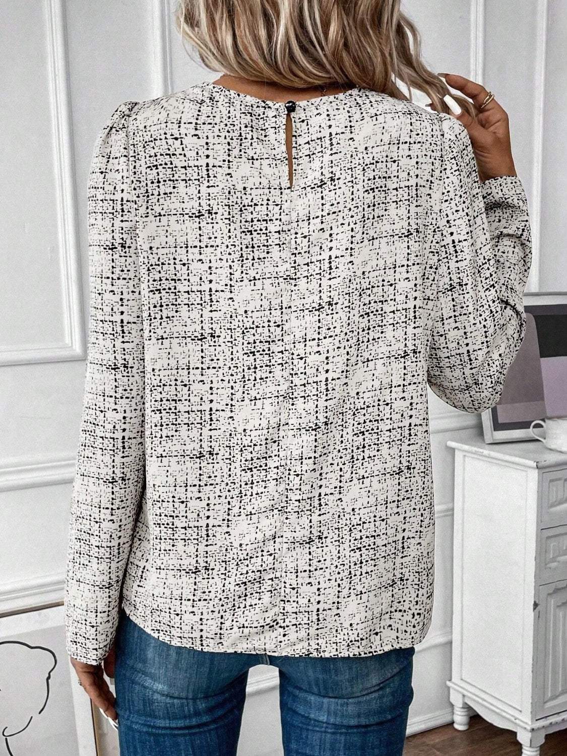 Ruched Round Neck Long Sleeve Blouse - Trendsi - Flyclothing LLC