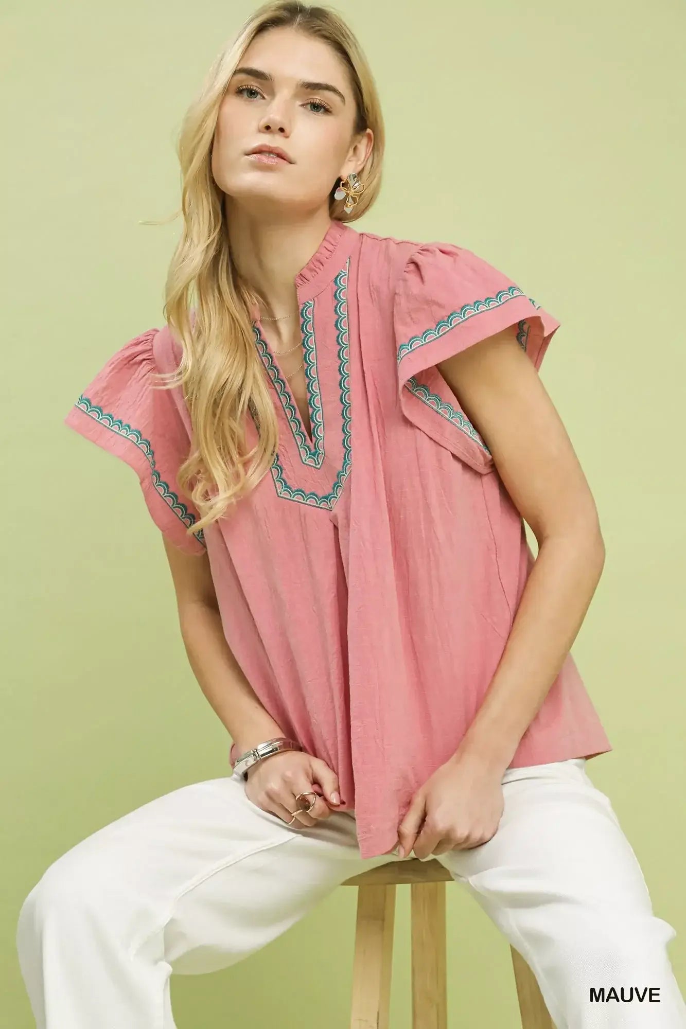 Umgee Embroidered Flutter Sleeve Blouse - Trendsi - Flyclothing LLC